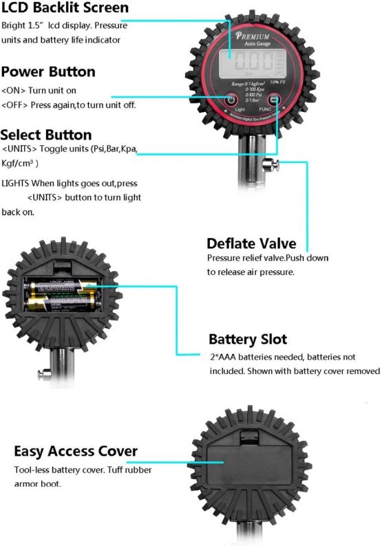 Digital Tyre Pressure Gauge, Car Tire Pressure Gauge for Truck Car Motorcycle Bicycle with Hose and Backlight LCD Display - Image 3