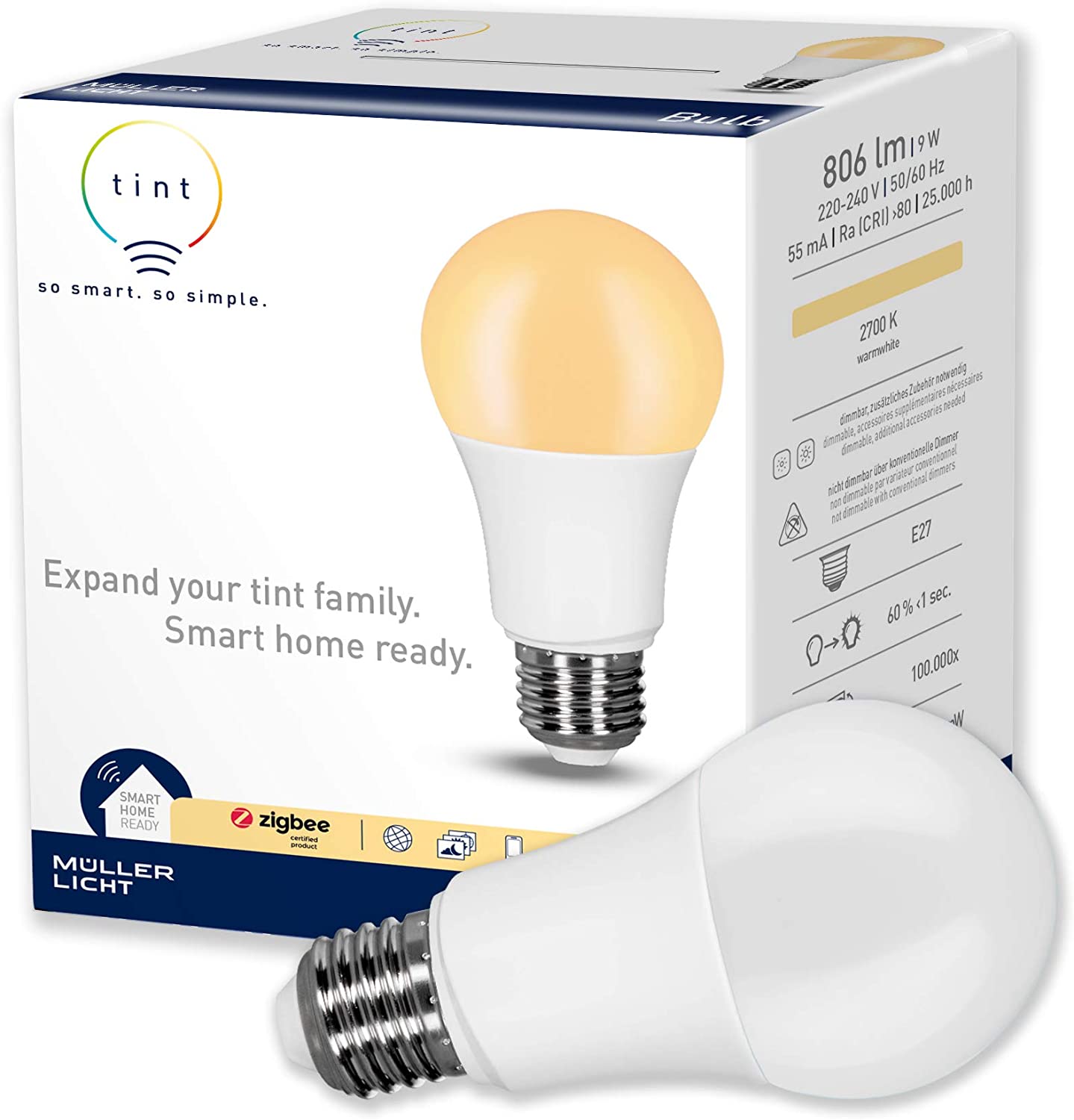 tint Smart LED Bulb E27 - Controlled by Alexa or Remote Control - Dimmable E27 Light Bulb with Warm White Light (2700K) 9W