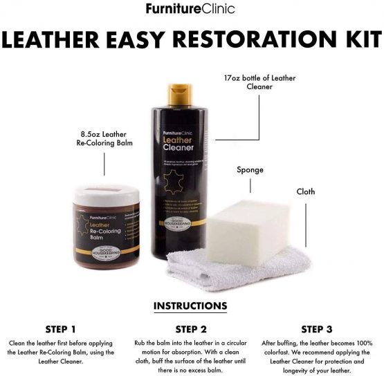 Furniture Clinic Easy Leather Restoration Kit (Dark Brown) | Includes Recolouring Balm, Ultra Clean, Sponge & Cloth for Furniture, Car Seats, Shoes & Bags - Image 2