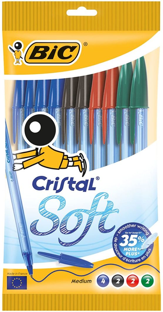 BIC Cristal Soft Ball Pens - Pack of 10 - Assorted Colours - Medium Point (1.2 mm) - Smooth Writing and Long-Lasting Ink