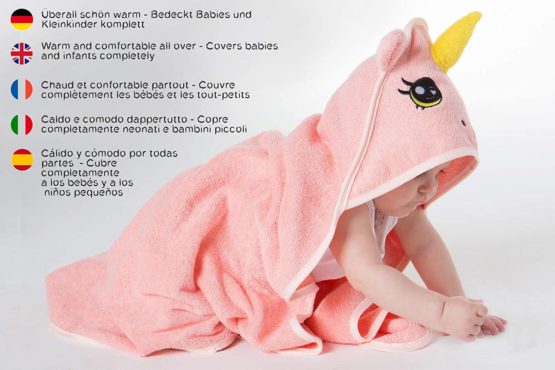 corimori 1846 - Hooded Baby Towel 100% Cotton Bath Wrap Newborn Infant With Greeting Card 75cm x 75cm, Rose The Pink Unicorn - Image 3