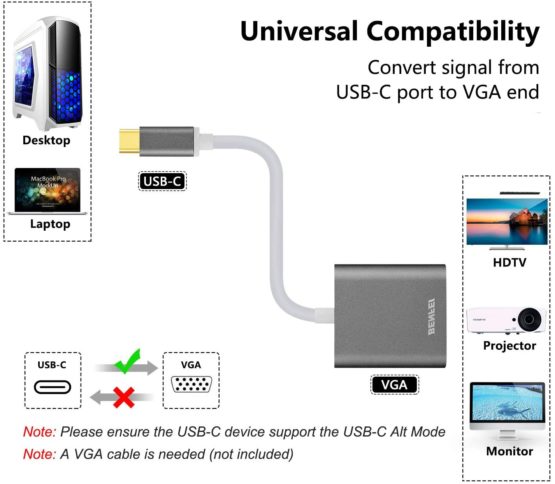 USB C to VGA Adapter, BENFEI Thunderbolt 3 to VGA Adapter Compatible for MacBook Pro 2019/2018/2017, MacBook Air/iPad Pro 2018, Samsung Galaxy S10/S9 [Aluminium Shell,Grey] - Image 3