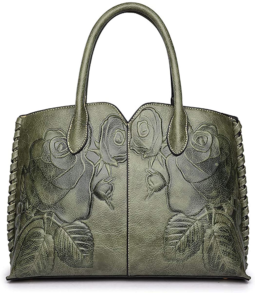 Coolives Women's Classical Flower Embossed Top Handle Bag Brownish green