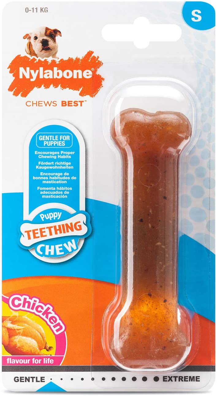 Nylabone Gentle Puppy Dog Teething Chew Toy Bone, Chicken Flavour, Small, for Puppies Up to 11 kg, Brown, S (Pack of 1)