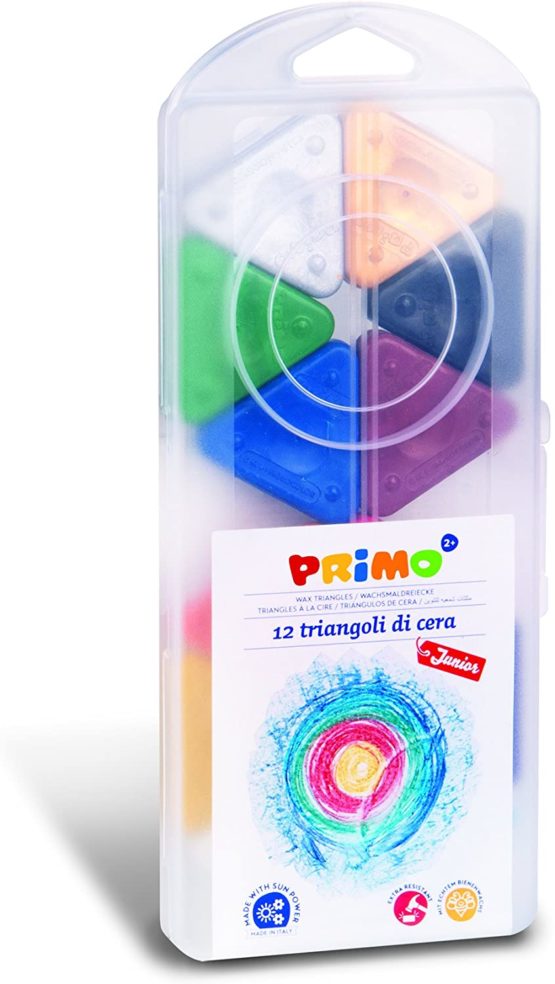 Morocolor PRIMO, wax triangles, 12 colors with gold and silver, triangular wax crayons, easy grip, wax colors, compact and resistant mixture, durable color, Made in Italy