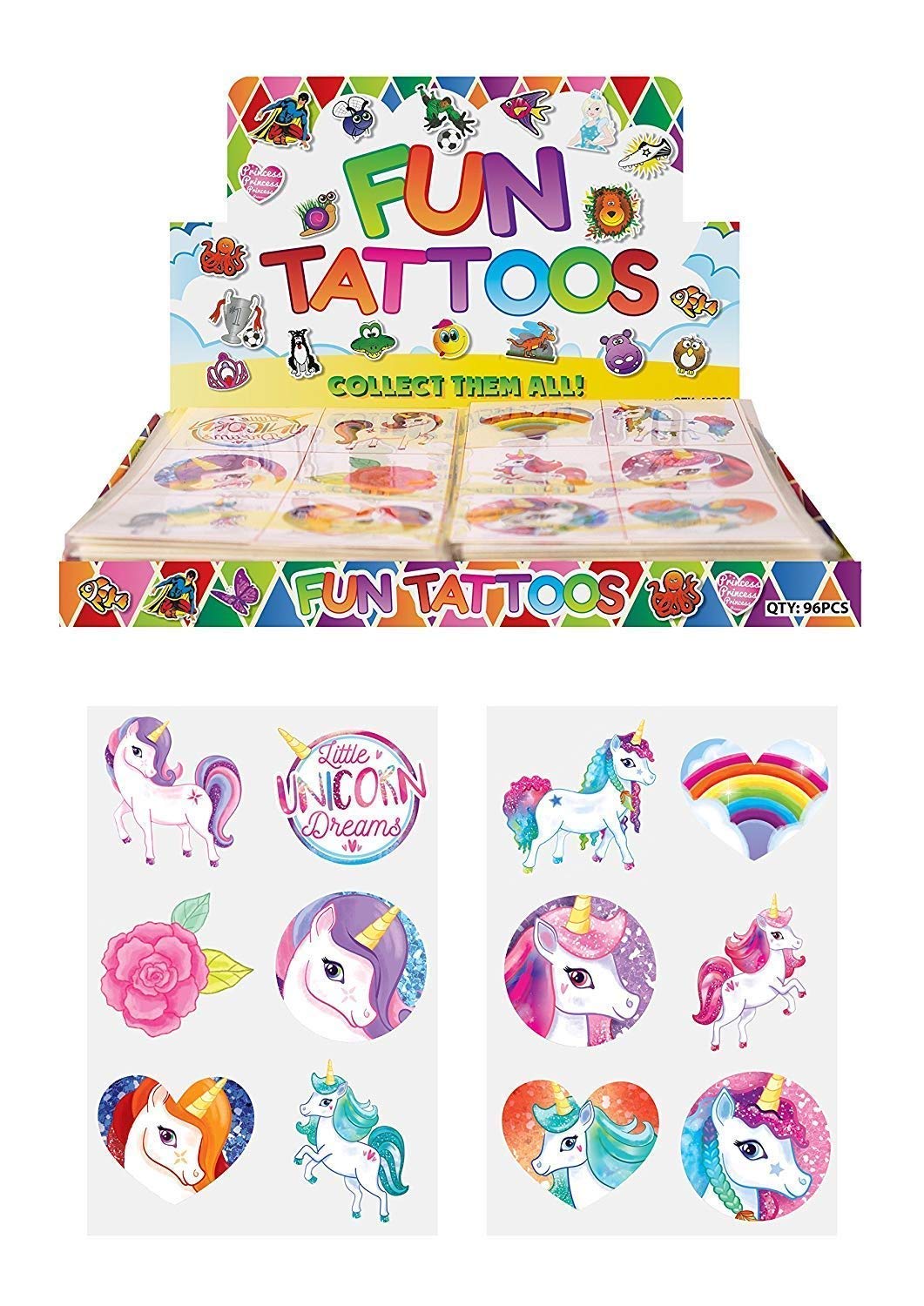 Henbrandt 24 x Girls UNICORN Temporary Tattoos Children's Birthday Party Bag Filler, multi coloured, Small - Image 2