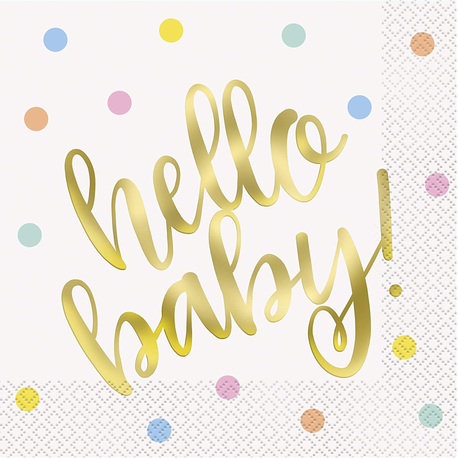 Hello Baby Gold Foil-Stamped Baby Shower Luncheon Napkins (16cm) - Perfect for Baby Showers Celebrations & Events - 16ct