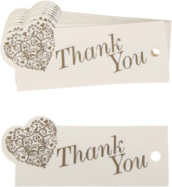 Neviti Wedding Luggage Tags with Thank You Text - Ivory/Gold - Pack of 10