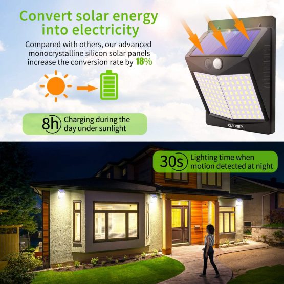 Solar Lights Outdoor, Claoner 128 LED Solar Motion Sensor Security Lights with 3 Lighting Modes IP65 Waterproof Durable Solar Powered Wall Lights 270°Lighting Angle for Yard Door Fence Pathway(4 Pack) - Image 3