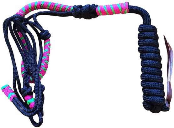 Knotted Headcollar with Knitwear for Horses - Padded at Nose and Neck, Ideal for Groundwork, Horse Training, Training (Black/Pink/Green) - Image 2