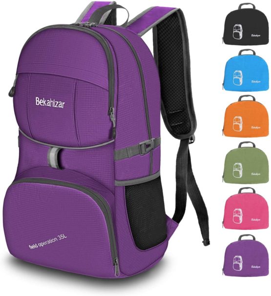 Bekahizar 35L Lightweight Rucksack, Soft Foldable Backpack, Upgraded to 4 Compartments Daypack for Travel Hiking Camping Cycling Outdoor Sports