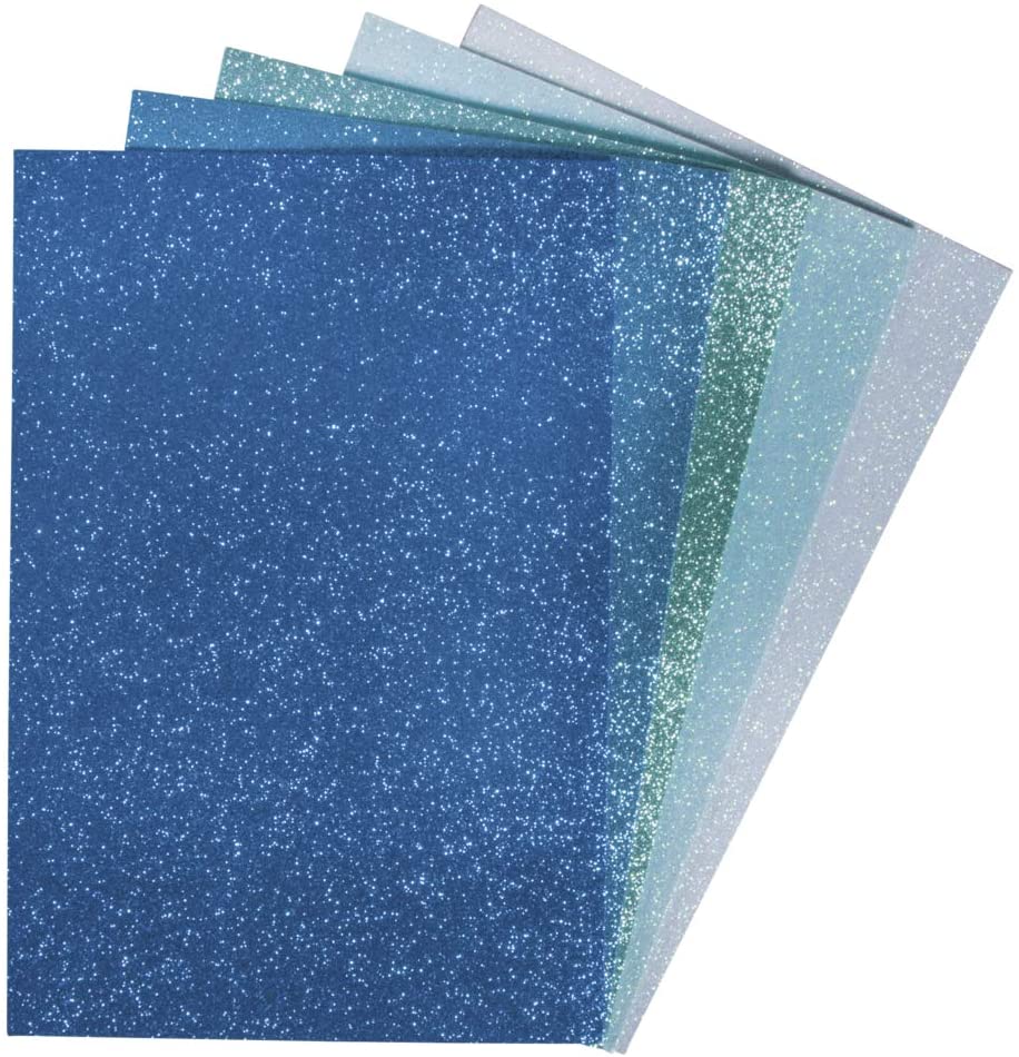 Rayher Set of Five Self-Adhesive Glitter Foam Sheets, Peel and Stick Craft Foam Sheets in Blue and Green Shades, 20x30cm, 75438999