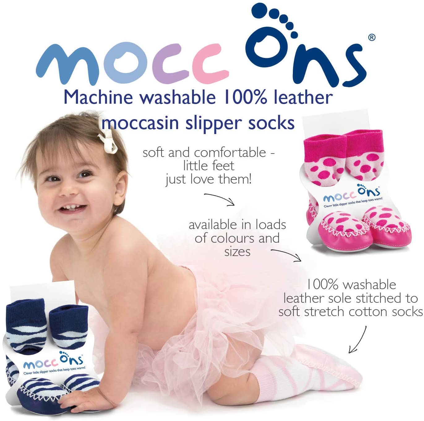 Mocc Ons moccasin washable leather sole slipper socks (24-36 Months) Ballerina, 2-3 Years