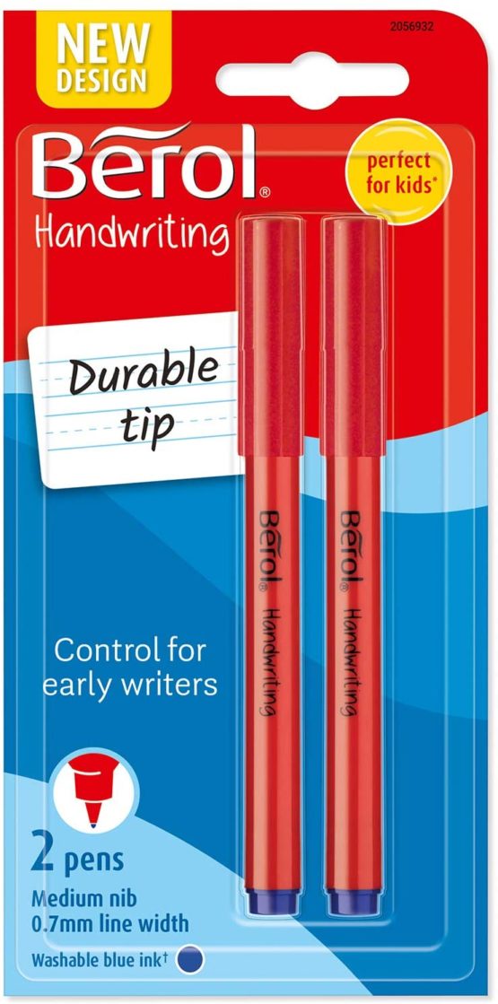 Berol Handwriting Pens, Round Shape, Washable Blue Ink, Bright Barrels, 2 Count