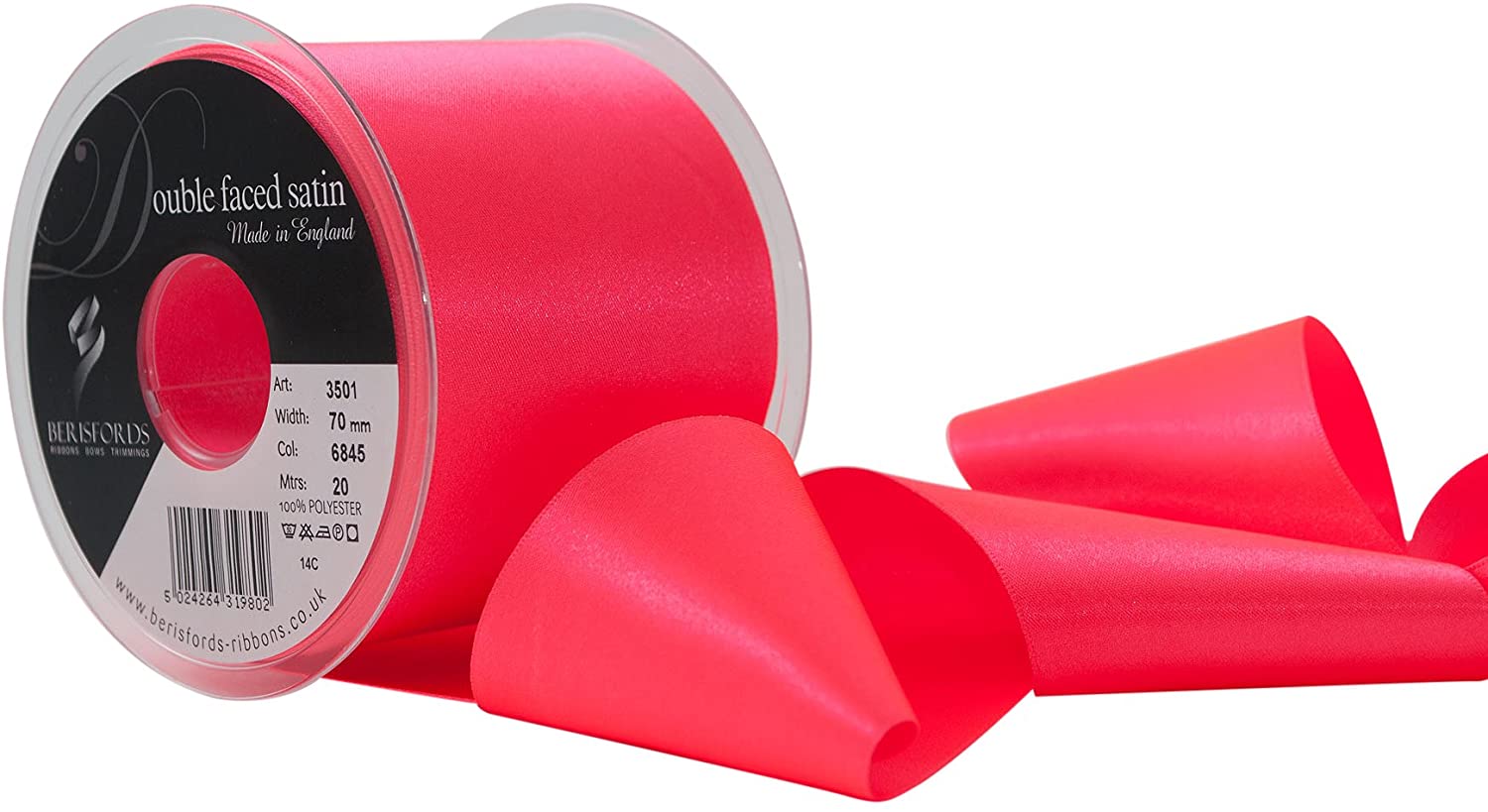Berisfords 70 mm Double Faced Polyester Satin Ribbon, Flo Pink