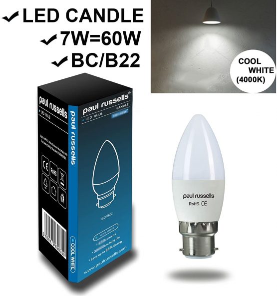 3 Pack 7W Candle LED Light Bulbs BC / B22 / Bayonet Cap Paul Russells Bright 7W=60W C37 Chandelier 270 Beam Lamp 4000K Cool White 60W Incandescent Replacement - Image 2
