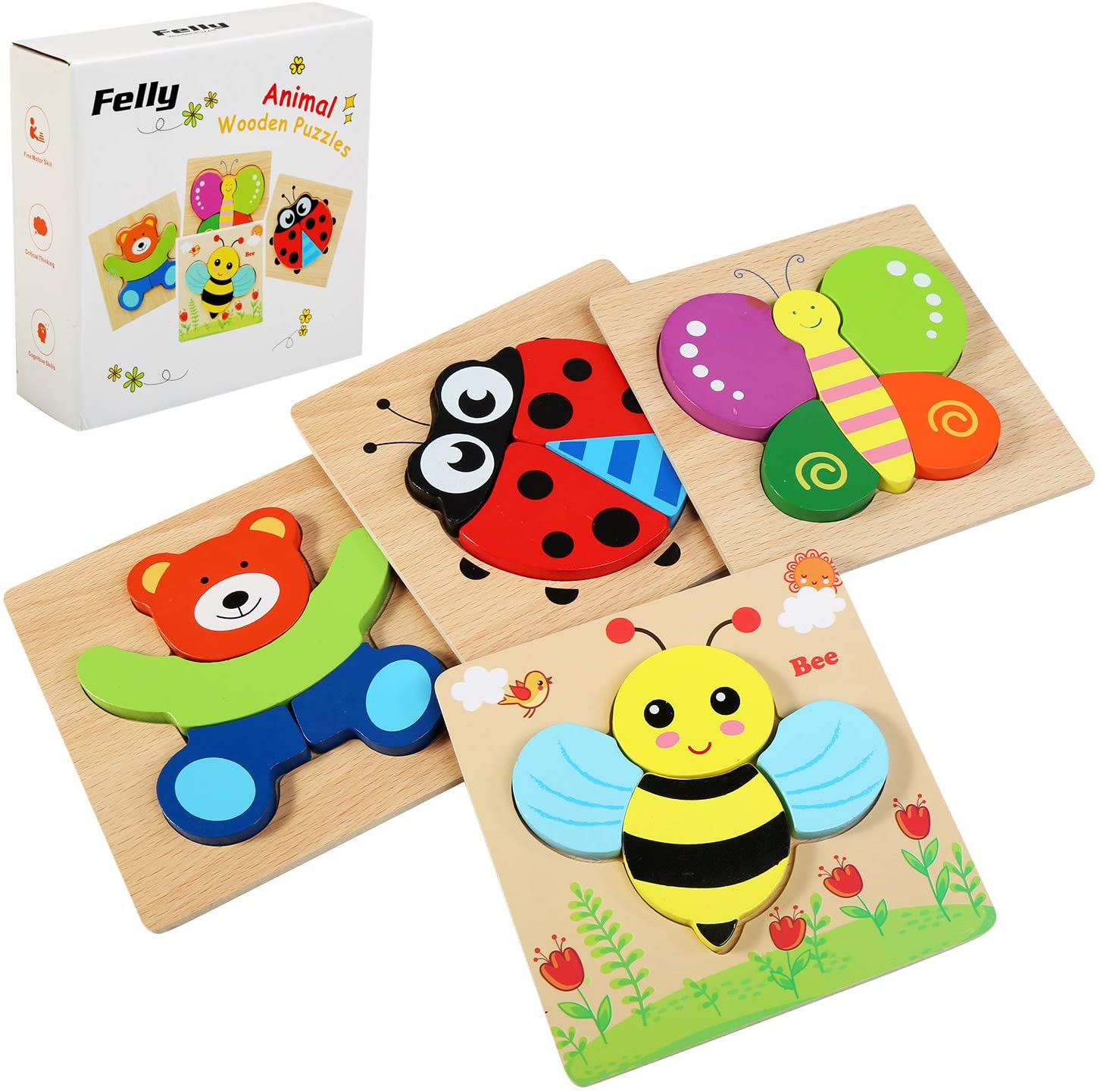 Wooden Toddler Puzzles Toys Gifts, 4 Pack Animal Shape Jigsaw