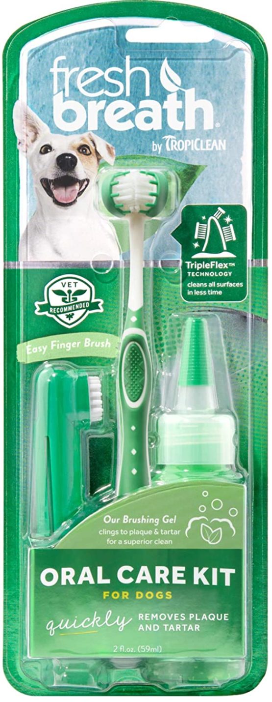 Fresh Breath by TropiClean Oral Care Kit for Dogs - Removes Plaque & Tartar - Includes TripleFlex Toothbrush, Finger Brush & Brushing Gel - 59 ml