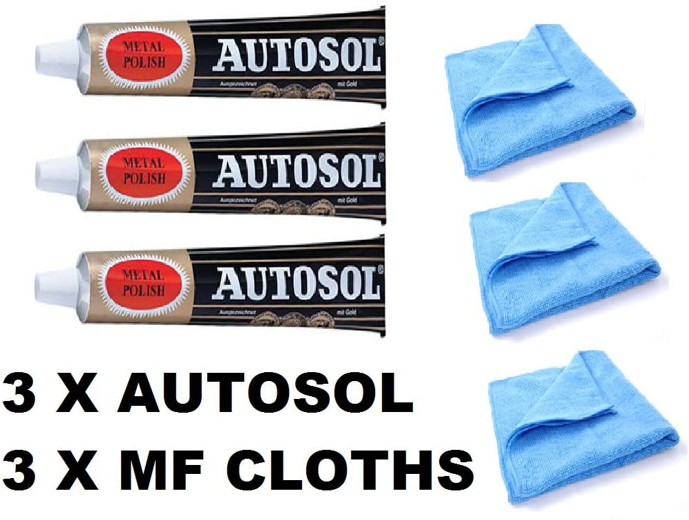 3 x 75ml Tube Solvol Autosol And 3 Microfibre Cloths - Chrome Ali & Metal Polish