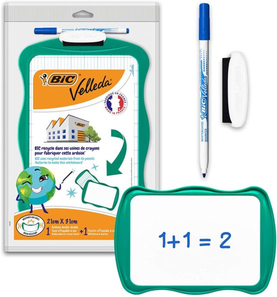 BIC Velleda Double-sided Whiteboard (21 x 31cm) with 2 Dry Erase Whiteboard Pens, Ideal for School, Pack of 1