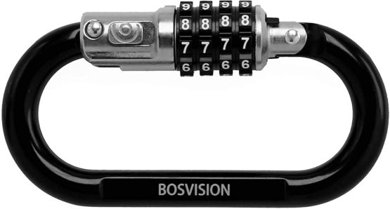 Bosvision 4-digit combination carabiner/karabiner padlock, hook padlock, helmet padlock, D ring padlock with 150cm coiled steel leash cable - Image 3