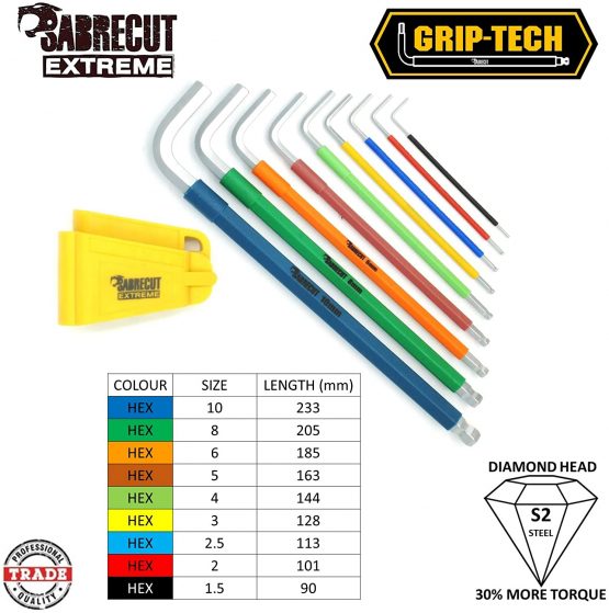 9 Piece SabreCut SCHEX009S Soft Grip Extra Long Hex, Hex Diamond (Hex Plus) Allen Key Set with Colour Coding - 1.5mm - 10mm - Image 3