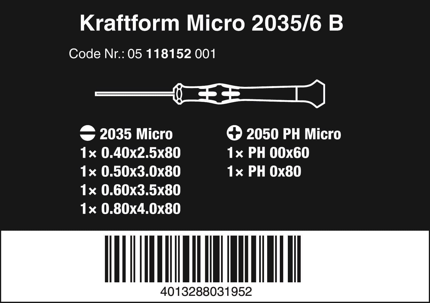 Wera 2035/6 B Kraftform Micro Screwdriver Set, for electronic applications PH/SL, 6 Piece, 05118152001, Silver - Image 2