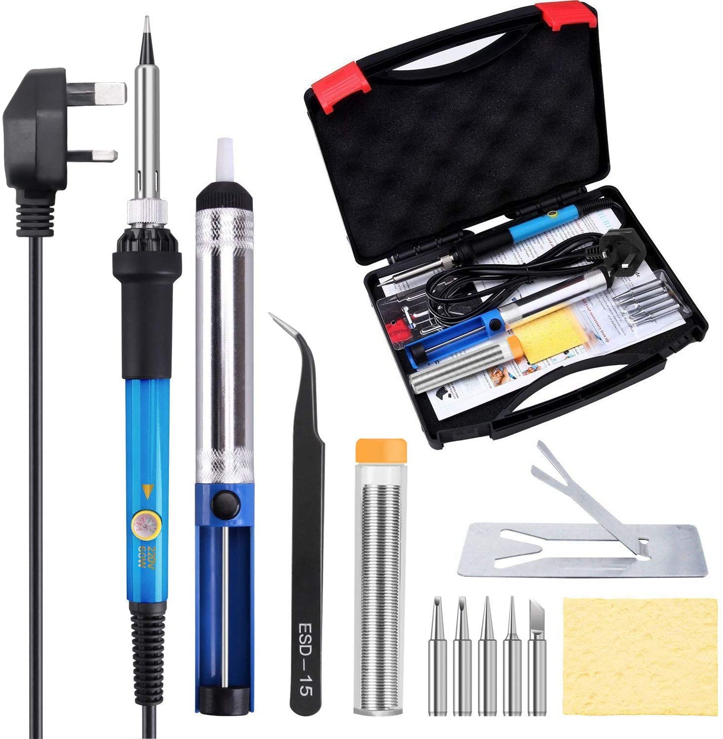 TABIGER Soldering Iron Kit - 60W Temperature Adjustable Electric Solder Iron Gun Welding Set including Toolbox (12 Pieces kit)