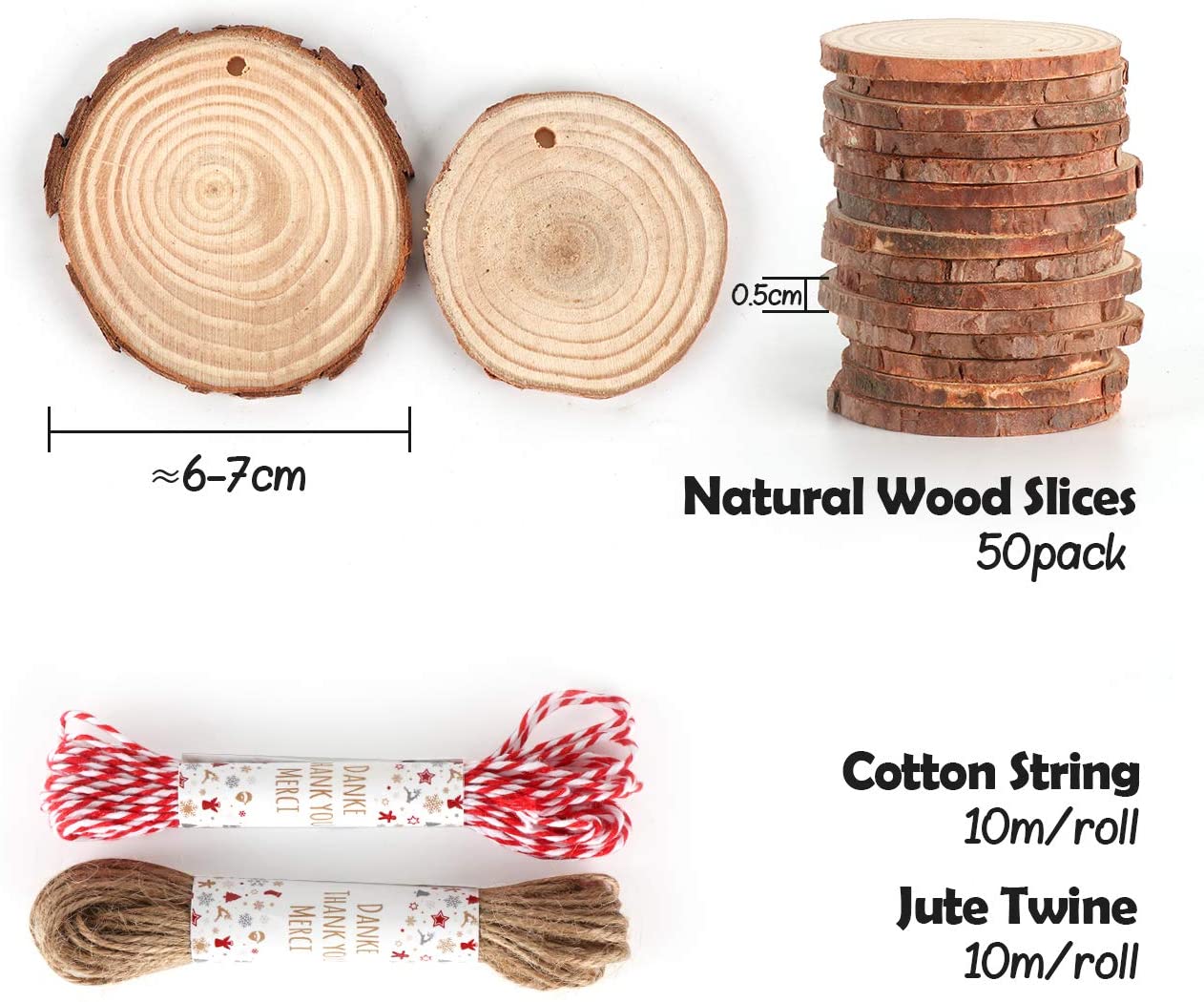 6-7cm 2.4-2.8 Wood Discs with Jute Twine for DIY Crafts Wedding Decorations Christmas Ornaments 30pcs Natural Wood Circles with Hole iBayx Wood Slices 