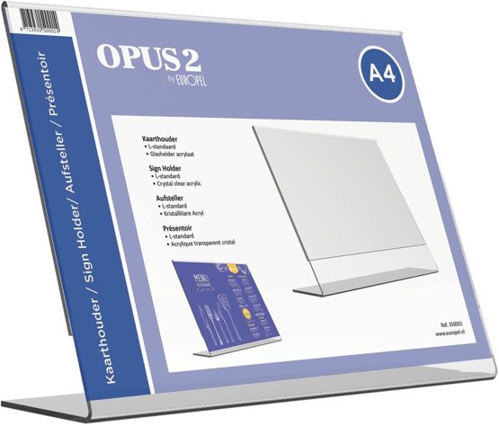 OPUS 2-Sign Holder, L-Standard, A4, Crystal Clear Acrylic, Landscape and Slanted, 350001.