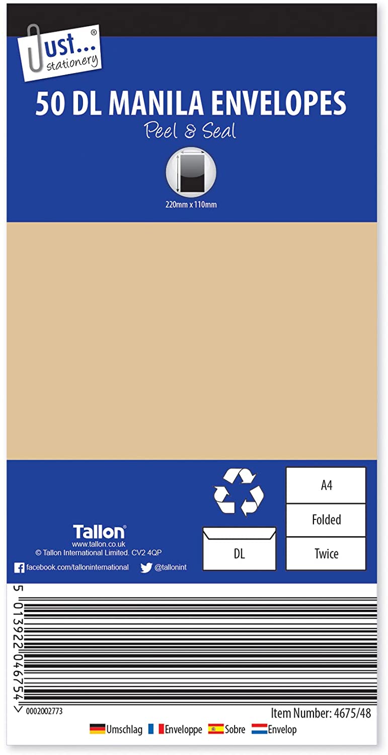 Tallon Just Stationery DL Peel & Seal Manila Envelopes (Pack of 50), 4675, DL x 50