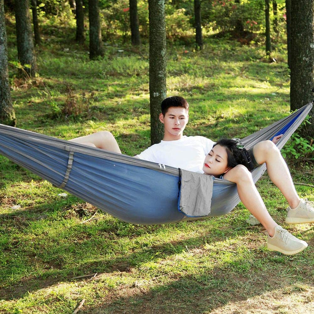 Portable Camping Travel Hammock Hanging Bed with Mosquito Net for Outdoor Hiking Backpacking Travel(Gray + Blue) - Image 4