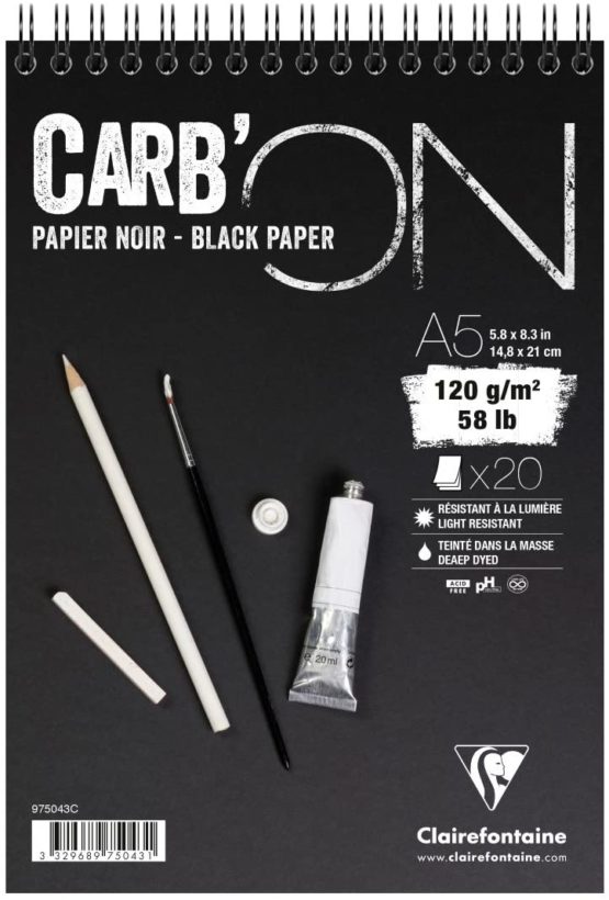 Clairefontaine 975042C Carb'On Black Wirebound Paper Pad, 120 g, A5, 20 Sheets