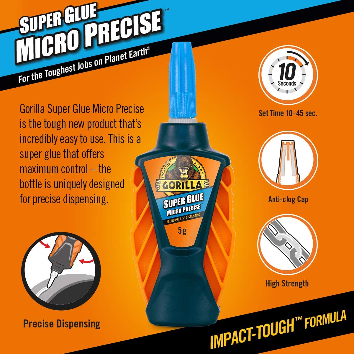 Gorilla Super Glue Micro Precise, 5g (6 Pack) - All Purpose, Fast Setting with Precise Dispensing Tool & Anti-Clog Cap - Image 2