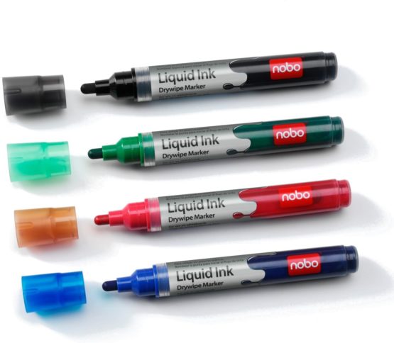 Nobo Liquid Ink Drywipe Whiteboard Pens, 3 mm Bullet Tip, Pack of 4, 1902408, Coloured