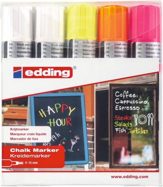 edding 4090 Chalk Marker Pen Set - 2 White, 3 Neon Colours - 5 Chalk Pens - Chisel Tip 4-15 mm - Wet Wipe Pen for Chalkboards, Windows, Glass, Mirrors - Liquid Chalk Marker Pens for Opaque Coverage - Image 2