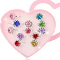 Hifot 12 pcs Girls Crystal Adjustable Rings, Princess Jewelry Finger Rings with Heart Shape Box, Girl Pretend Play and Dress up Rings for Children Kids Little Girls