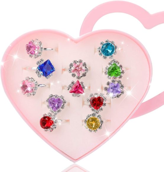 Hifot 12 pcs Girls Crystal Adjustable Rings, Princess Jewelry Finger Rings with Heart Shape Box, Girl Pretend Play and Dress up Rings for Children Kids Little Girls