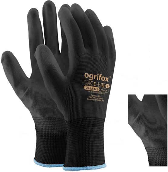 24 Pairs PU Coated Black Nylon Work Gloves. Gardening, Builders, Mechanic and round sticker AJS LTD® (L-9) - Image 3