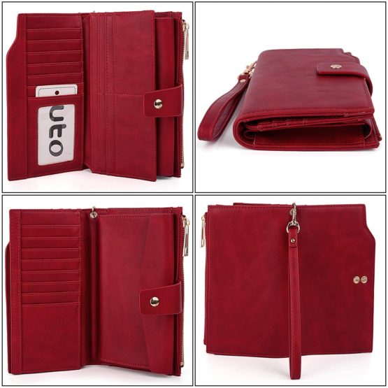 UTO RFID Blocking Phone Wallet for Women Ladies Wristlet Clutch Purse 21 Slots Card Organizer Fits 5.5' Cellphone PU Leather Red - Image 2