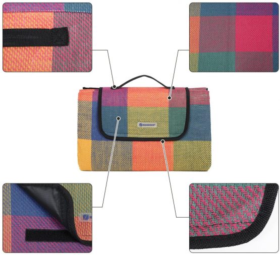 SONGMICS GCM50K 195 cm x 150 cm Picnic Blanket, Insulated, Waterproof, Red+Green+Orange - Image 4