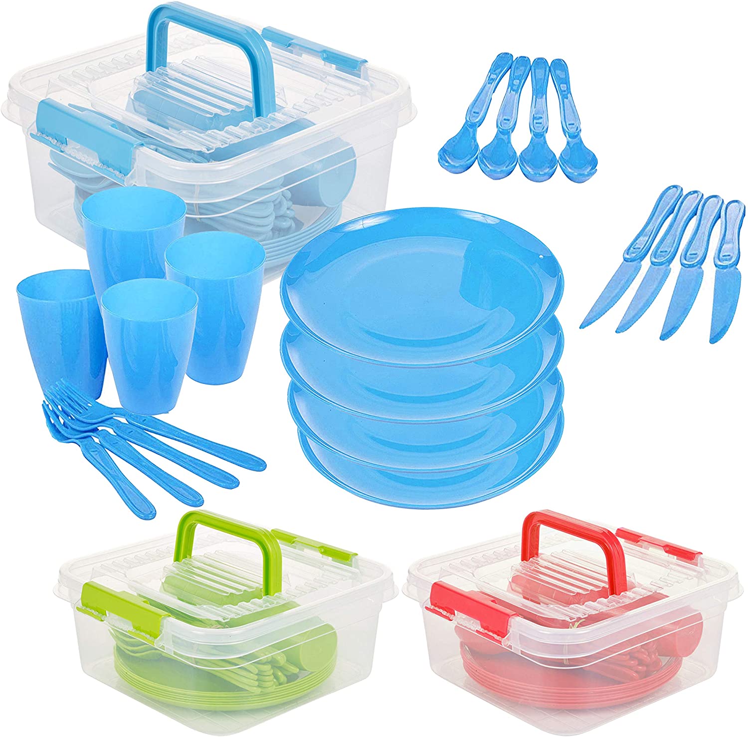 GEEZY 21 Piece Plastic Picnic Set, Reusable Camping Dinner Set for 4 with Plates, Cups, Cutlery & Storage Box