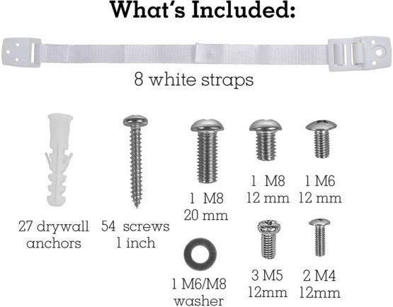 Bebe Earth Furniture Straps - Anti Tip Strap for Baby Proofing & Child Safety - 8 Pack of Adjustable TV & Wall Straps - Fixings to Anchor Shelves & Cabinets - White - Image 2