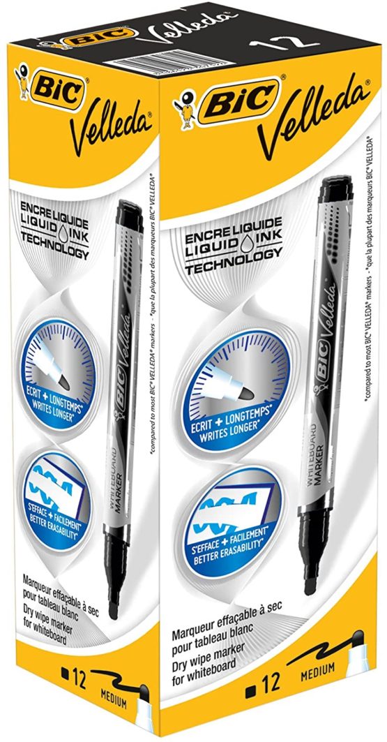 BIC Velleda Liquid Ink Dry Wipe Pocket Markers - Black (Pack of 12)