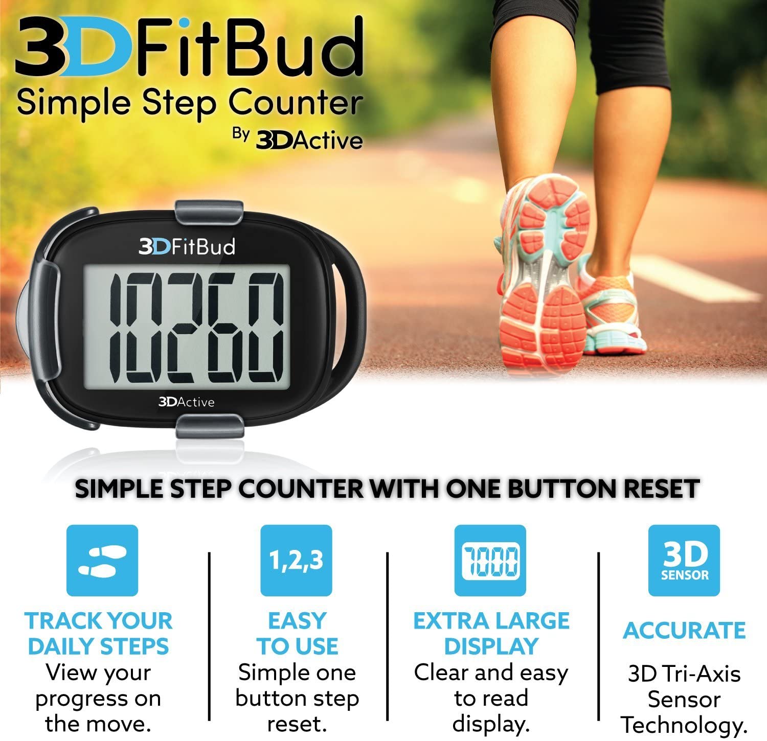 3DActive 3DFitBud Simple Step Counter Walking 3D Pedometer with Clip Lanyard Accurate Step Tracker Large Display Easy to Use for Kids Men Women Adult Seniors Daily Step Tracking A420S - Image 2