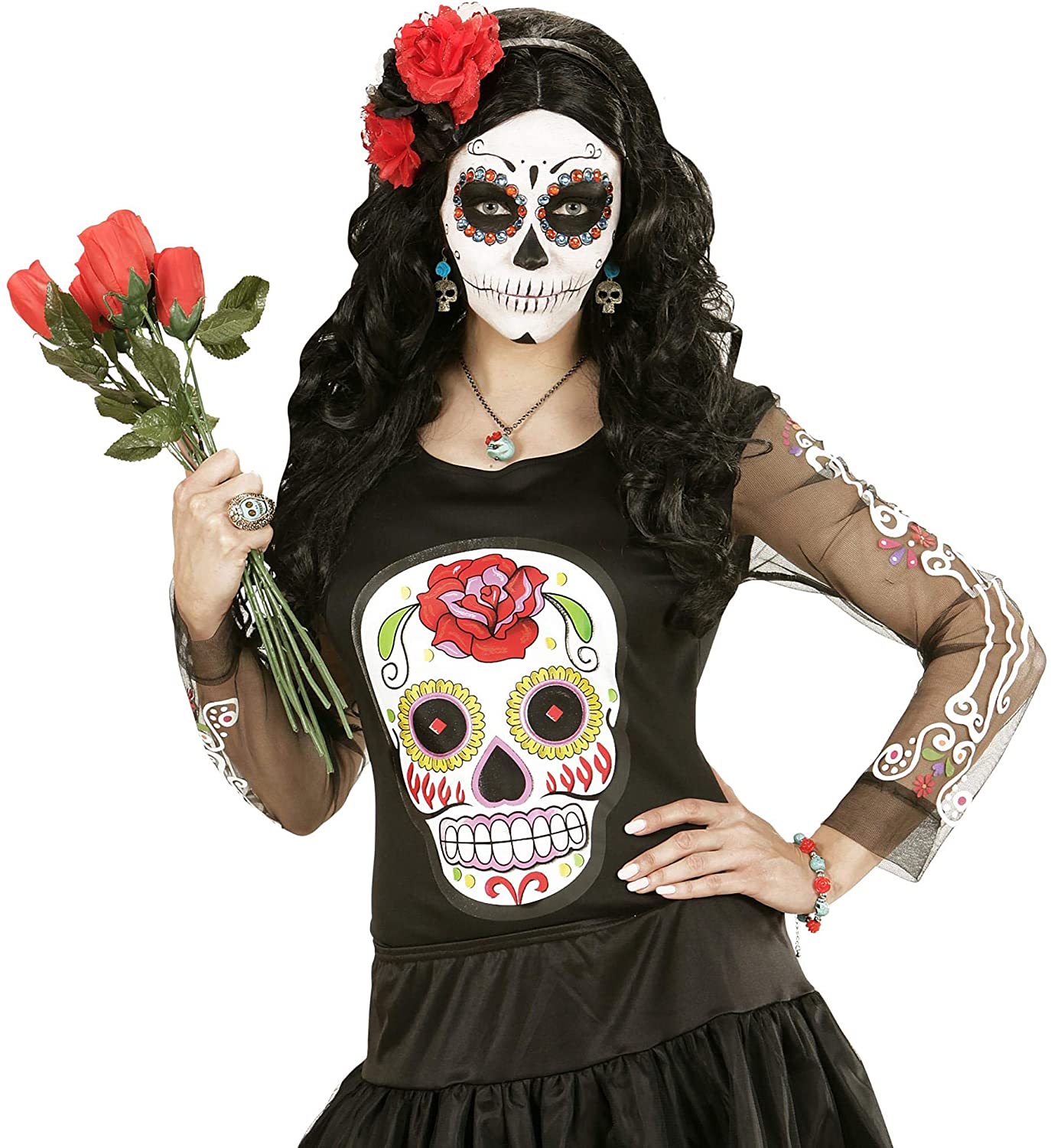 WIDMANN 03505, Pair of Earrings with Skull and Rose, Adult Woman, Dia De Los Muertos, Skeletons, Halloween, Carnival - Image 4