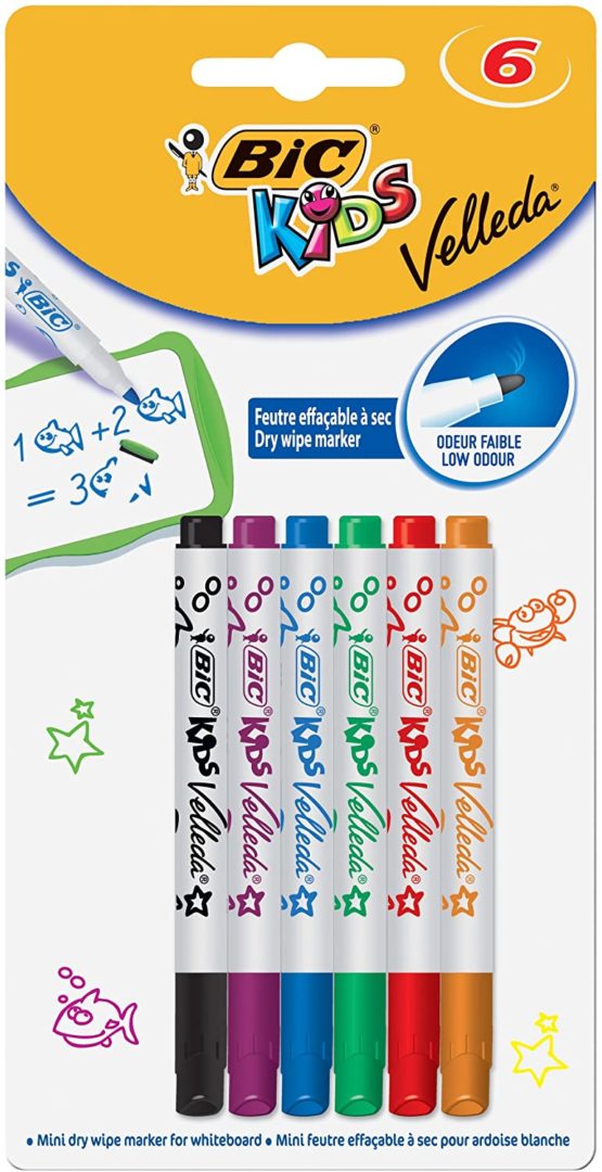 BIC Kids Mini Velleda, Whiteboard Markers Fine Bullet Dry Wipe Markers, Ideal for School or Home, Assorted Colours, Pack of 6