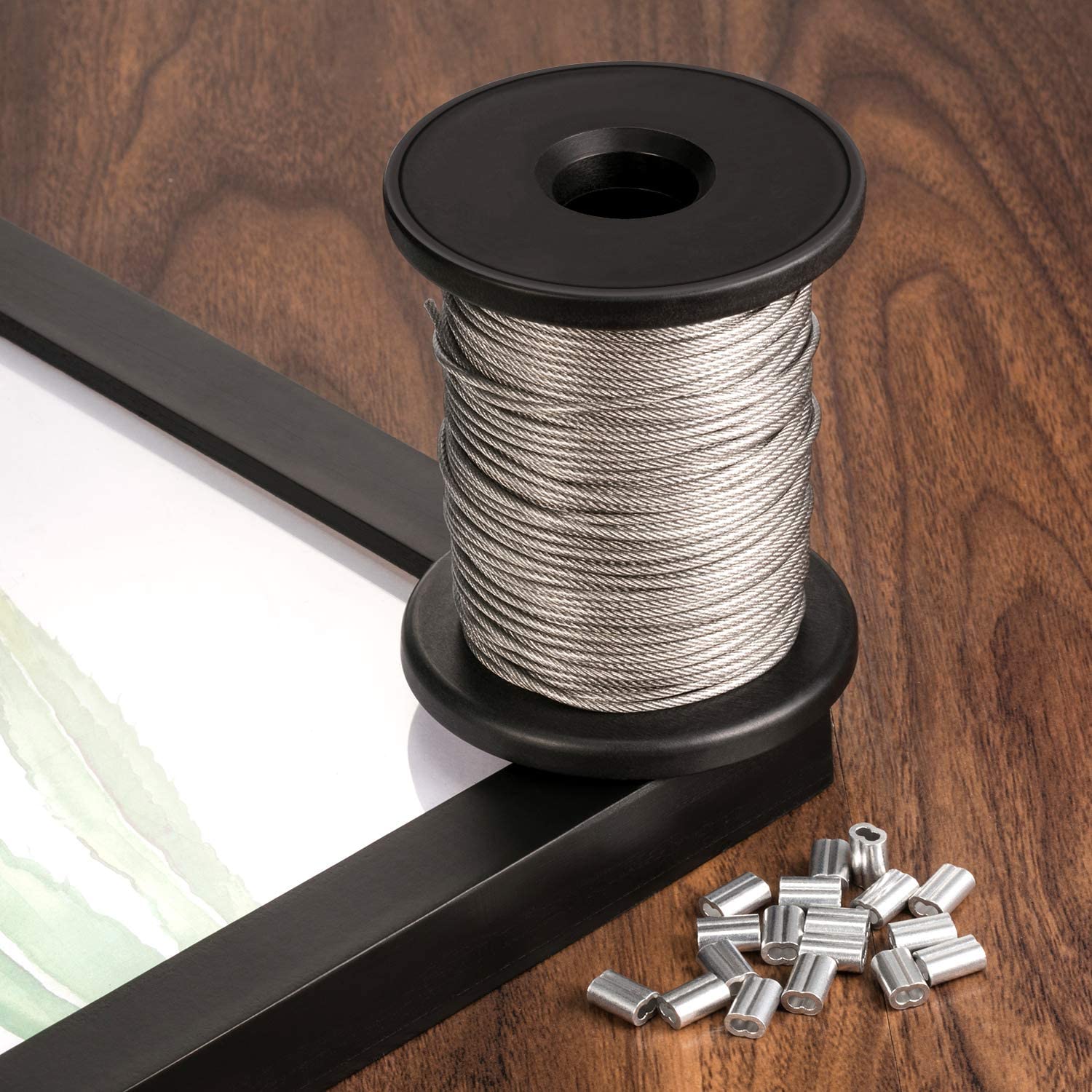 Vinyl Coated Picture Frame Hanging Wire, Stainless Steel Wire Spool with 20 Pieces Aluminum Crimping Loop Sleeve - Image 3