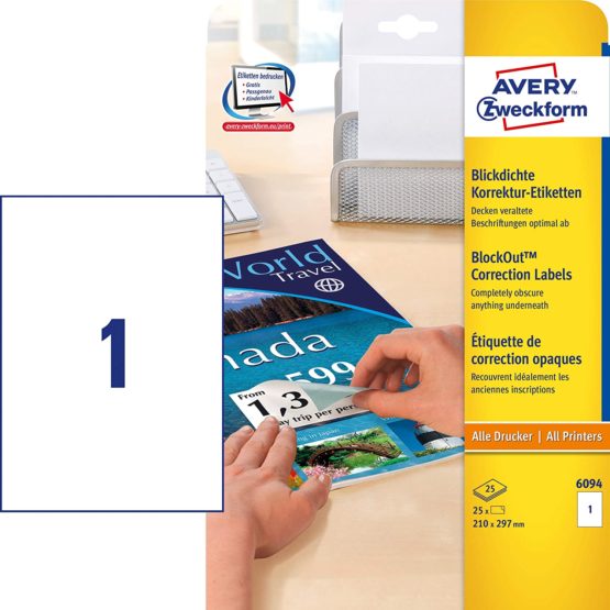 Avery Zweckform 6094 Correction Labels Opaque Different Sizes 210 x 297 mm Pack of 25 Sheets