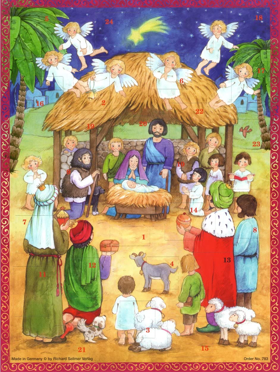 Large Advent Calendar 24 Doors 355 x 260 mm, Angels Nativity, with Glitter and Translucent Windows, RS783